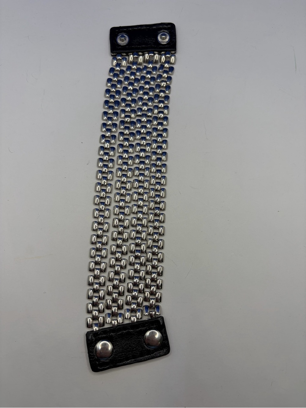 Silver Tone Multi Strand Chain Statement Cuff Bracelet Black Faux Leather